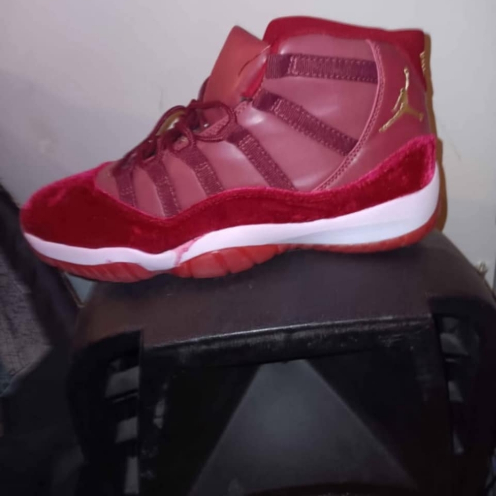 Air Jordan Red and Gold High-Top Sneakers Retro 11 Heiress Velvet